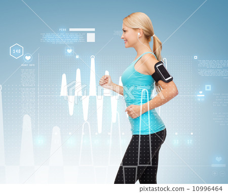 sporty woman running with smartphone and earphones sporty woman running with smartphone and earphones 10996464