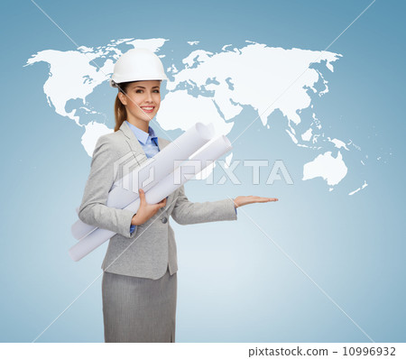 smiling architect in white helmet with blueprints 10996932