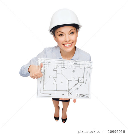 businesswoman in helmet with blueprint 10996936