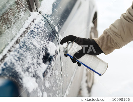 closeup of man hand with lock door de-icer 10998166