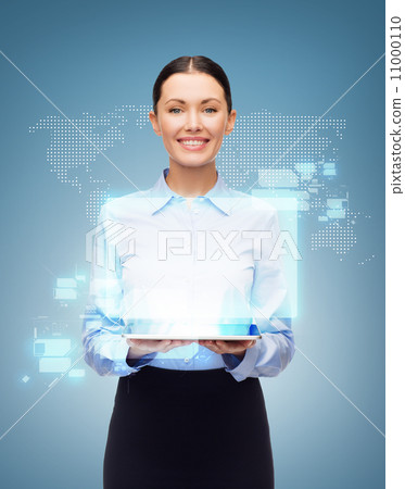 businesswoman with tablet pc and world hologram businesswoman with tablet pc and world hologram 11000110