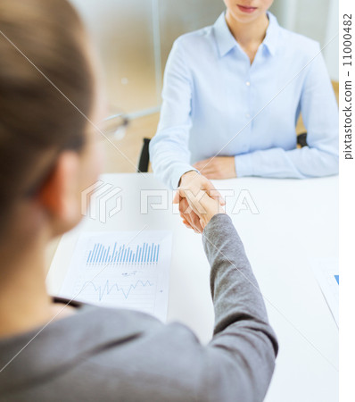 two calm businesswoman shaking hands in office two calm businesswoman shaking hands in office 11000482