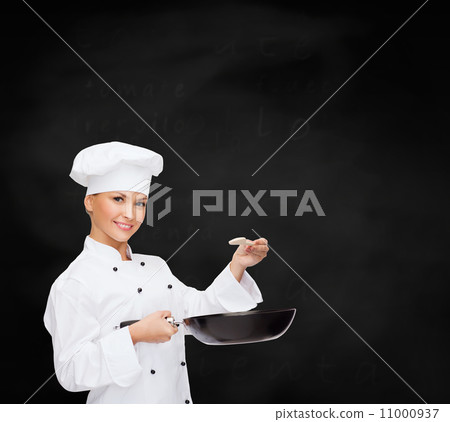 smiling female chef with pan and spoon 11000937