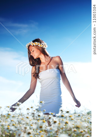 girl in dress on the daisy flowers field girl in dress on the daisy flowers field 11003384