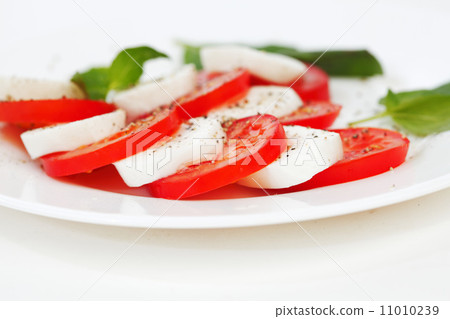 Tomato and mozzarella slices on a plate Tomato and mozzarella slices on a plate 11010239