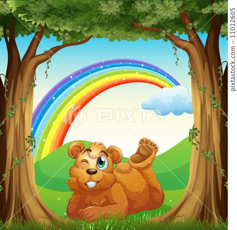 A smiling fat bear at the forest and a rainbow in the sky A smiling fat bear at the forest and a rainbow in the sky 11012605