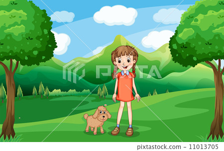 A young girl and her puppy at the hill 11013705