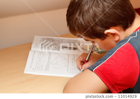 boy doing homework, writing text from workbook 11014929