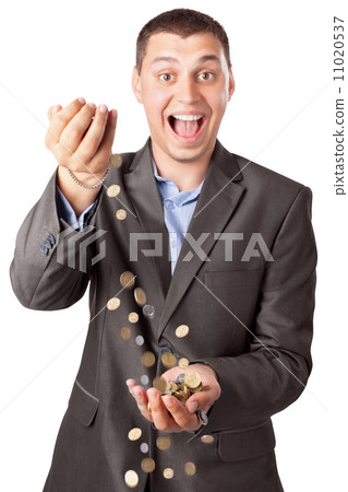 happy rich businessman pouring coins isolated on white backgroun 11020537