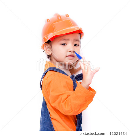 Asian Engineer baby girl with pen in hand Asian Engineer baby girl with pen in hand 11021584