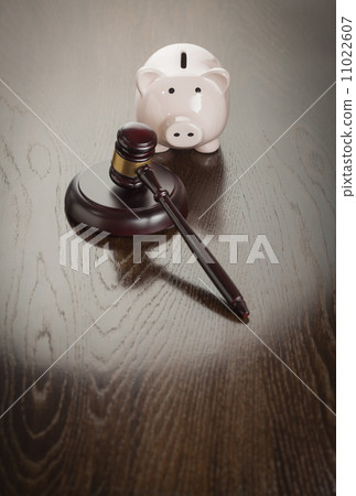 Gavel and Piggy Bank on Table Gavel and Piggy Bank on Table 11022607