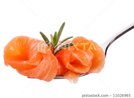 Salmon piece on fork isolated on white background cutout Salmon piece on fork isolated on white background cutout 11026965