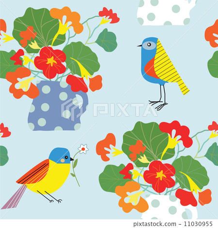 Bird and flowers pot seamless pattern cute retro Bird and flowers pot seamless pattern cute retro 11030955