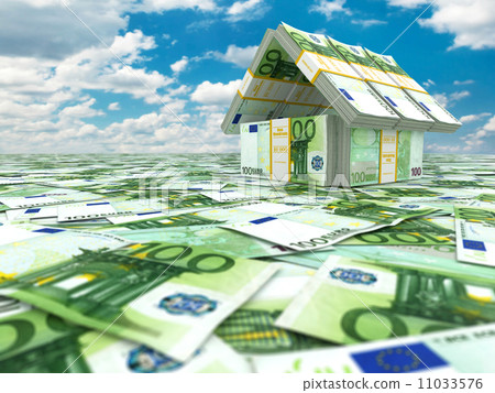 Bank. House from pack of euro on cloudscape. Bank. House from pack of euro on cloudscape. 11033576