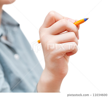 girl writes by pen isolated on white 11034600