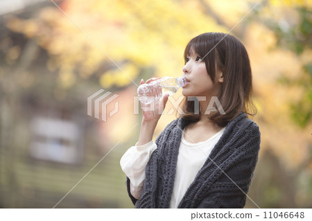 A woman standing in a fallen leafy park and drinking water A woman standing in a fallen leafy park and drinking water 11046648