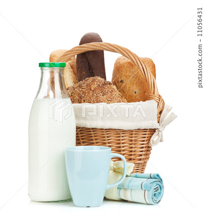 Picnic basket with bread and milk bottle 11056431