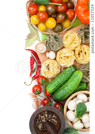 Fresh ingredients for cooking: pasta, tomato, cucumber, mushroom Fresh ingredients for cooking: pasta, tomato, cucumber, mushroom 11057324