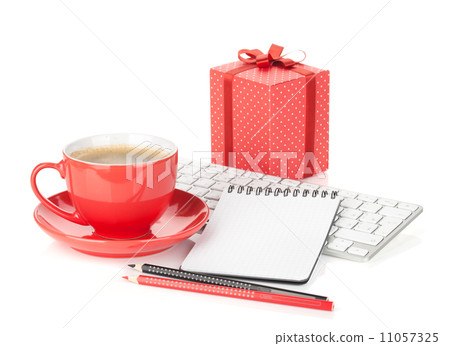 Coffee cup, red gift box and office supplies 11057325