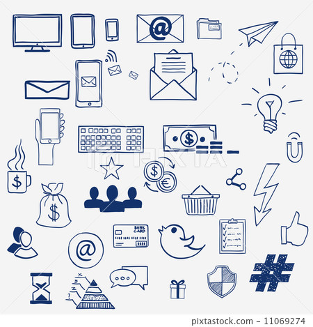 Hand draw social media sign and symbol doodles elements. Concept tweet, hashtag, internet communicat Hand draw social media sign and symbol doodles elements. Concept tweet, hashtag, internet communicat 11069274