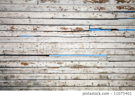 Texture of white weathered wooden lining boards with sky on a background 11075401