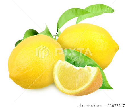 Fresh yellow lemons with green leaf 11077347