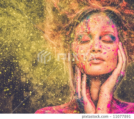 Young woman muse with creative body art and hairdo 11077891