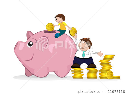 Father and son putting pennies in piggy bank. 11078138