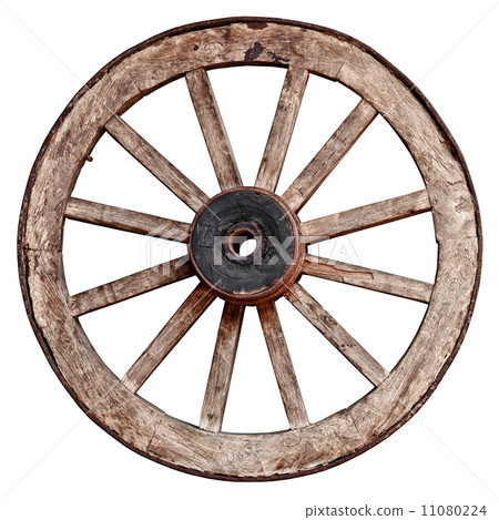 图库照片: old wooden wagon wheel on white background