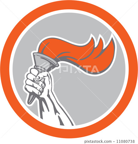 Hand Holding Flaming Torch Circle Retro 11080738