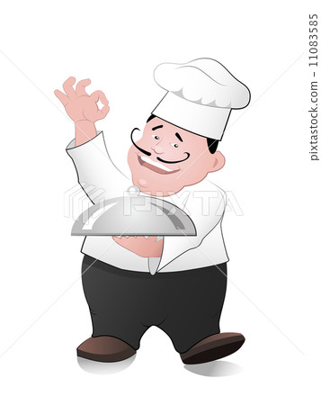 Illustration of a cartoon chef carrying a covered plate of food. 11083585