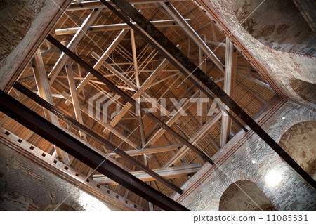 Inner construction of wooden roof it tower of ancient fortress (Kremlin) in Smolensk town, Russia 11085331