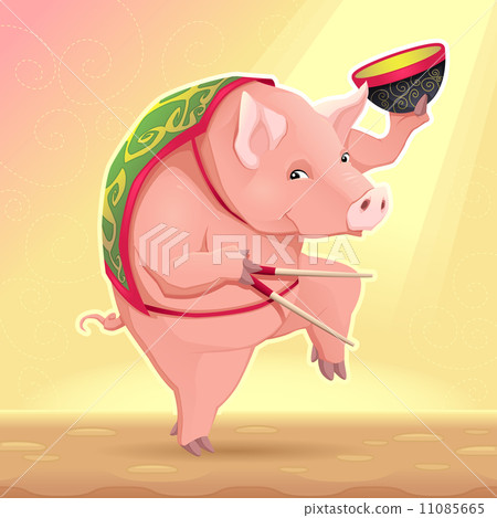 Funny pig with soup bowl and chinese sticks. Funny pig with soup bowl and chinese sticks. 11085665