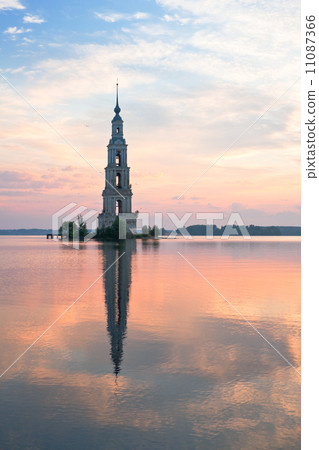 flooded belltower in Kalyazin at sunrise.flooded belltower in Ka flooded belltower in Kalyazin at sunrise.flooded belltower in Ka 11087366