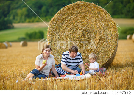 happy family of three picnicking on yellow hay field in summer. 11097550