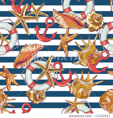 Summer Seamless Pattern with Sea Shells, Anchor - Stock Illustration ...