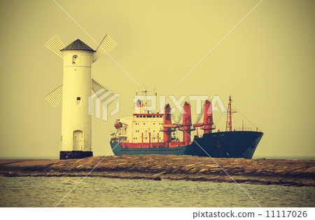 Ship entering port, vintage retro style. Ship entering port, vintage retro style. 11117026