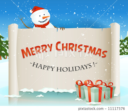 Santa Snowman Behind Christmas Parchment Background Santa Snowman Behind Christmas Parchment Background 11117376