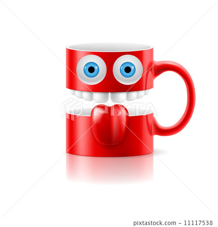 Red mug of two parts with two eyes, teeth and tongue 11117538