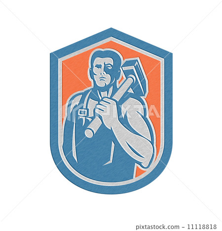 Metallic Blacksmith Worker Holding Sledgehammer Shield Retro 11118818