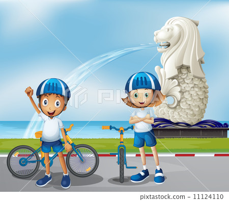 Two cute bikers standing in the front of the Merlion Two cute bikers standing in the front of the Merlion 11124110