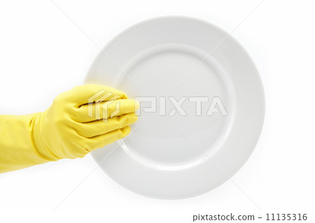 Hand in rubber glove with a plate on a white background. Hand in rubber glove with a plate on a white background. 11135316