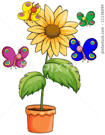 花卉雙頁圖 A pot with a flowering plant and colourful-插圖素材
