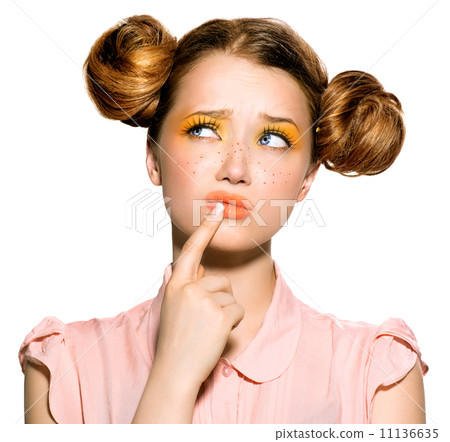 Beauty teenage model girl with freckles thinking or choosing 11136635