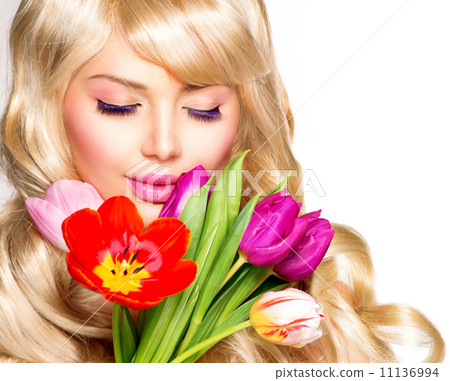 Beauty Woman with Spring Flower bouquet 11136994