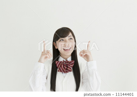 School girls who stand up their forefingers 11144401