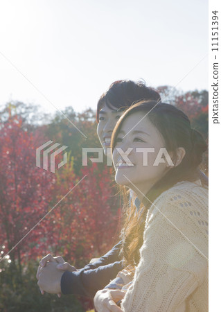 A couple enjoying autumn leaves 11151394