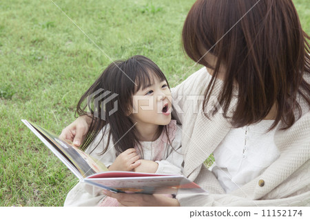 Mother and child reading a picture book on lawn Mother and child reading a picture book on lawn 11152174