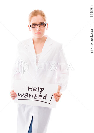 Female scientist showing help sign on white background Female scientist showing help sign on white background 11166703