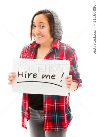 Young woman showing hire me sign Young woman showing hire me sign 11166886